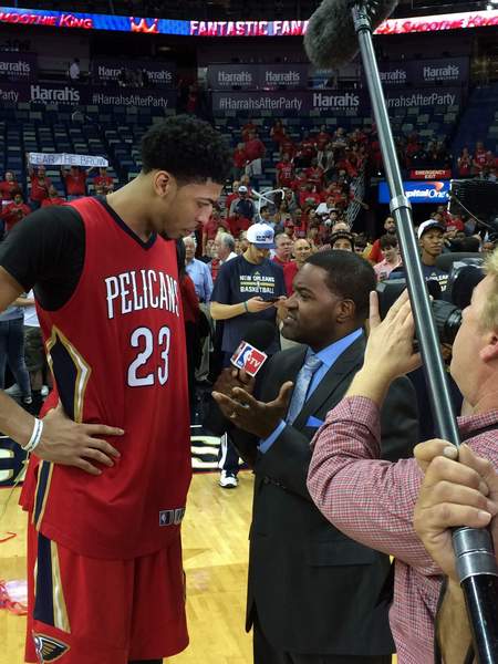 David Wolf with Anthony Davis for NBA Entertainment during the Pelicans' home playoffs